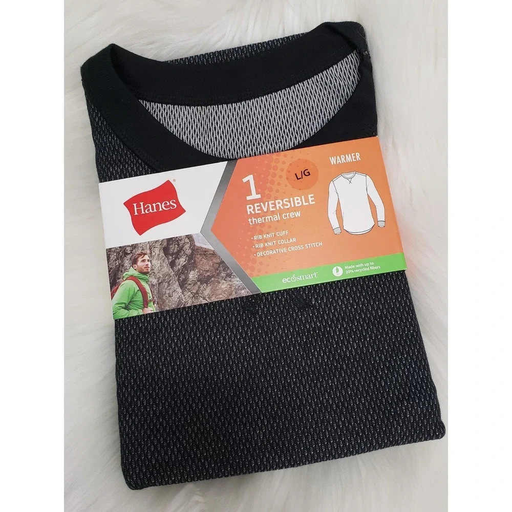NEW Hanes Men's Thermal Crew long sleeve SHIRT Warmer Reversible Black Large
